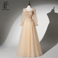 Robe de soirée longue en tulle champagne pour femme, ornée de perles, à manches longues, coupe trapèze, pour bal de promo, mariage ou soirée formelle, OEM