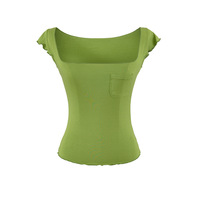 Haut léger, respirant et extensible à col en V sexy, à manches courtes et volants, pour adultes, séchage rapide, en Spandex/Coton, coupe ajustée