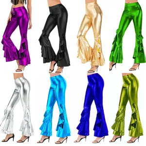 King Mcgreen Star Sexy PU Metallic Hose Glänzende holo graphische Flare Hose Frauen Mädchen Elastic Waist Bell Bottom Hose Clubwear