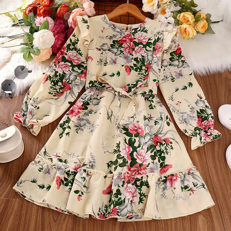Girls Dresses 2022 Fall New Flower Side Long Sleeve Vintage Floral Print Princess Dress Children's Clothing Wholesale