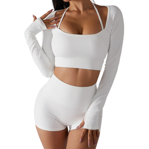 Benutzer definierte Logo 2-teilige gerippte Workout-Sets Frauen Square Neck Langarm Crop Tops High Waist Biker Shorts Gym Print Leggings BH - Product Image 1