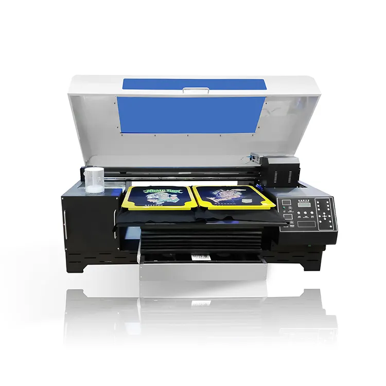 इंद्रधनुष उच्च संकल्प dtg flatbed प्रिंटर बहु रंग A2 आकार करने के लिए प्रत्यक्ष परिधान मुद्रण मशीन