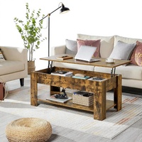 Table basse rustique relevable en bois massif avec panneau réglable en hauteur et rangement pour salon