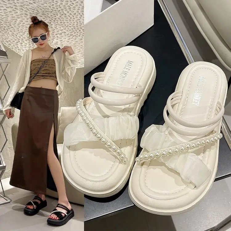 Neue Gummi Soft Sole Pearl Vintage Cross Strap Hausschuhe mit flachem Boden Mode Casual Damen Sandalen