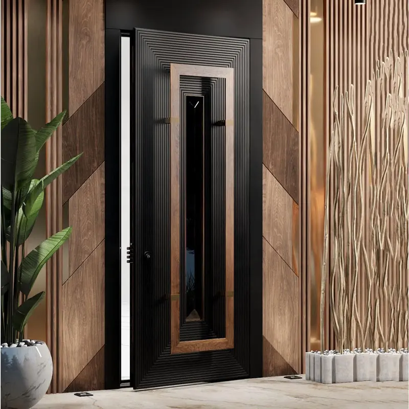 Commercial glass luxury entrance door Tubular doorknob Villa outdoor door Aluminum panel led light front door