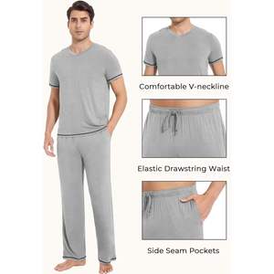 Ensemble de pyjama pour homme en viscose de bambou, t-shirt à manches courtes et pantalon de détente, 2 pièces, vêtements de nuit confortables, vêtements de nuit en modal tricoté - Product Image 4