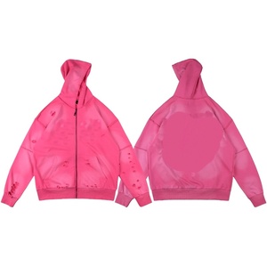 Felpe con Cappuccio Casual Sportive di Alta Qualità all'Ingrosso, Design con Cerniera Sbiadita <span class=keywords><strong>Rosa</strong></span> e Strappi, per <span class=keywords><strong>Uomo</strong></span> e Donna - Product Image 1