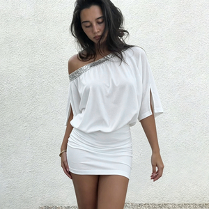 Robe mini asymétrique blanche unie pour femme, taille naturelle, froncée, ample, à enrouler devant, pour soirée et club, vente chaude, nouvelle collection été - Product Image 3