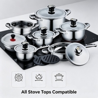 Set Peralatan Masak Stainless Steel 15-Piece Ramah Lingkungan Multifungsi, Termasuk Casserole, Saucepan, Frypan, Tutup Kaca, Steamer, Termometer, dan Gagang