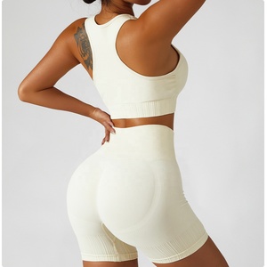 Leggings de fitness sans couture pour femmes <span class=keywords><strong>Soutien</strong></span>-<span class=keywords><strong>gorge</strong></span> de sport côtelé 2 pièces Workout Active Yoga Wear Set - Product Image 4