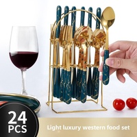 Ustensiles de Cuisine Manche en Plastique Alimentaire Acier Inoxydable 24 Pièces Ensemble Couteaux de Cuisine avec Support Boîte Cadeau pour Hôtellerie Restauration Steak