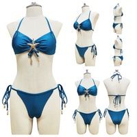 Hoge Kwaliteit Custom Badmode Met Logo Designer Strapless Veters Badpak Luxe Bikini Effen Blauwe Kleur Voor Zomer Strand