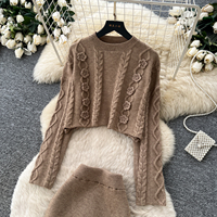 Ensemble haut à manches longues en tricot torsadé décontracté pour femme et jupe midi taille haute pour l'automne et les trajets quotidiens