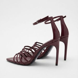 Chaussures-Femm Talon Women's Burgundy Pointed <b>Toe</b> Stiletto Heels Strappy Ankle Buckle Sandals - Product Image 3
