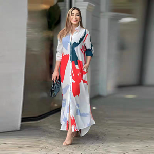 Thường Nút-Phía Trước V Cổ In Duy Nhất Ngực In Chia Dài Tay Áo Lỏng Lẻo Áo Sơ Mi Phụ Nữ Maxi Dress Dresses - Product Image 5