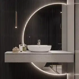 High quality Waterproof IP44 Semicircle Mirror Wall Mounted Touch Screen Half Moon Led Mirror For Home Bathroom