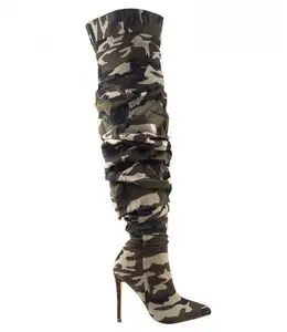 BUSY GIRL MJT4388 Camouflage Thigh High Boots Women Ladies Shoes Winter Shoes High Heel Women Denim Over The Knee Boots