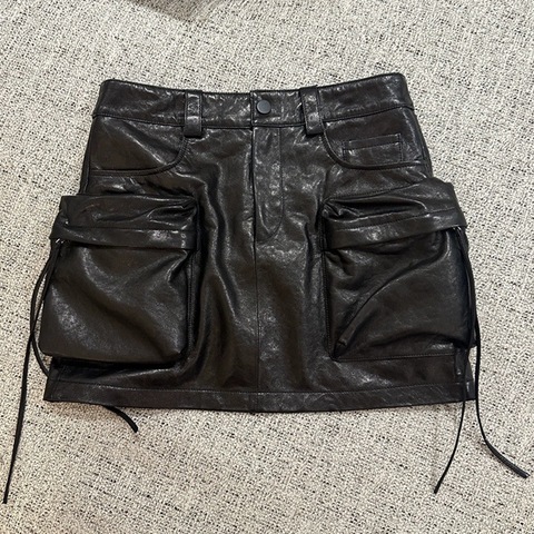 5352 Hot Fashion 2026 for Women Genuine Leather Summer Skirt Cargo Style Oil-wax Sheepskin Short Leather Skirt with Pocket