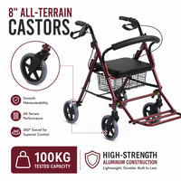 Déambulateur en aluminium avec siège et repose-pieds pliables, rouge, 4 roues, aide à la marche pour les personnes âgées