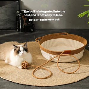 Panier <span class=keywords><strong>pour</strong></span> animaux de compagnie en corde de coton tressée à la main, style moderne, oreilles de chat, <span class=keywords><strong>pour</strong></span> chats et petits chiens, avec tapis en lin respirant et résistant aux griffures - Product Image 2