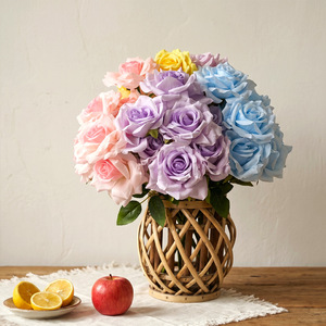 Bouquets de fleurs artificielles en tissu plastique à neuf têtes de roses pour décoration de mariage et de maison - Product Image 3