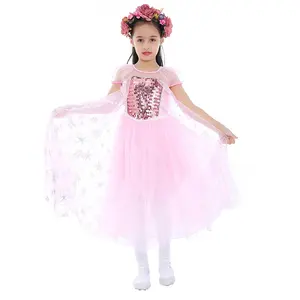 Elsa tül prenses elbiseler kızlar için doğum günü partisi elbisesi çocuk noel karnaval Cosplay pembe elbise