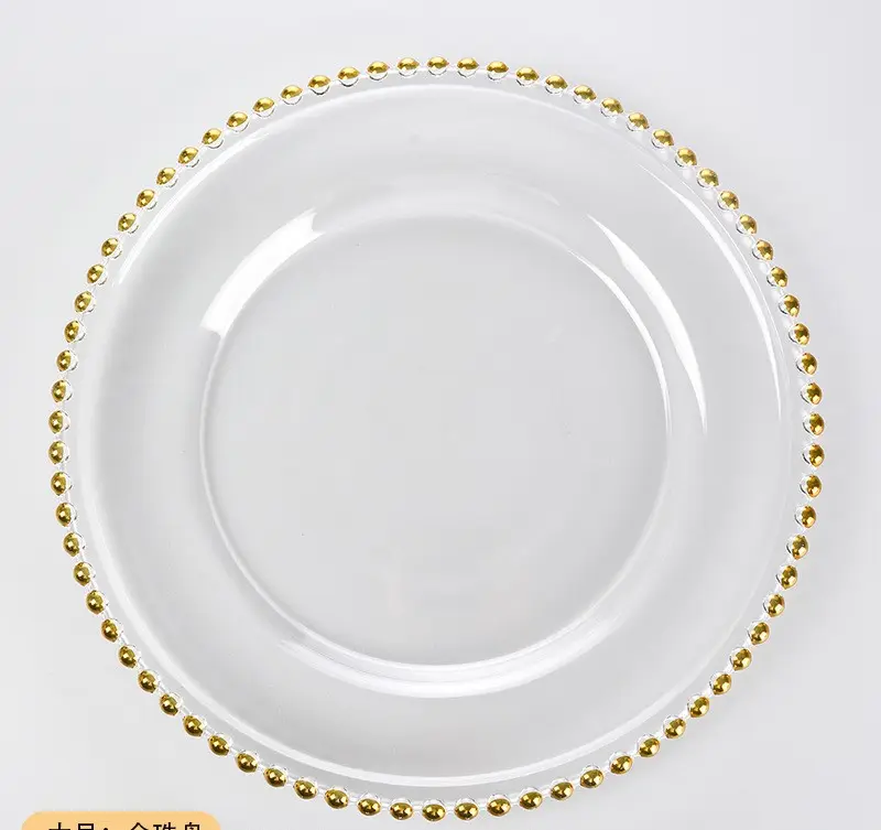 Tabletex Round Clear Plastic Reef Silver Rose Gold Rim Beads Clear Glass Plates Wedding Luxury Decorations