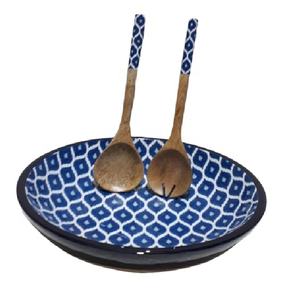 Bol de vaisselle en bois d'acacia imprimé émaillé avec cuillère ou fourchette, dernière vaisselle de luxe, bol de mélange de salade - Product Image 1