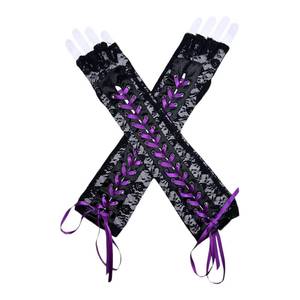 Gants longs pour femmes de haute qualité, sexy, en dentelle noire et blanche, à demi-doigts, avec ruban, pour fête d'Halloween - Product Image 6