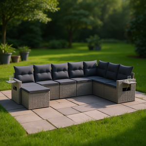 Conjunto de Sofá de Jardín de Ratán Gris, 6 Plazas, Reposabrazos Ajustables, Muebles de Exterior, Diseño Contemporáneo - Product Image 2