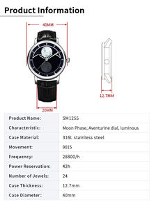 Montre mécanique de luxe en acier inoxydable avec breloque en métal, logo de marque personnalisé, aventurine, luminescente, automatique - Product Image 4