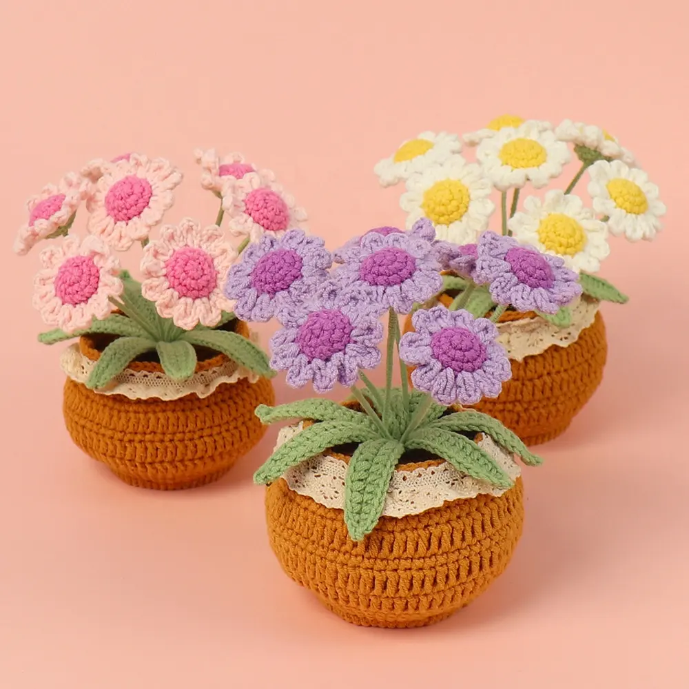 Vaso de crochê de flores rosas tricotadas em lã artificial para crochê, presente de Natal para o dia das mães, vaso de flores de margarida e flores em crochê, 2024