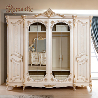 Lit King Size Classique Européen de Luxe, Cadre en Bois Massif Sculpté Blanc Ivoire et Or, Tête de Lit Capitonnée, Mobilier de Villa et de Maison