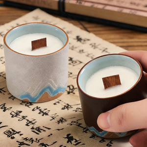 Retro Ink Wash Mountain Ceramic Cup <b>Candle</b> Wooden <b>Crackle</b> Wick Mild Fragrance Study Cozy Vintage Home Decor Ornament - Product Image 3