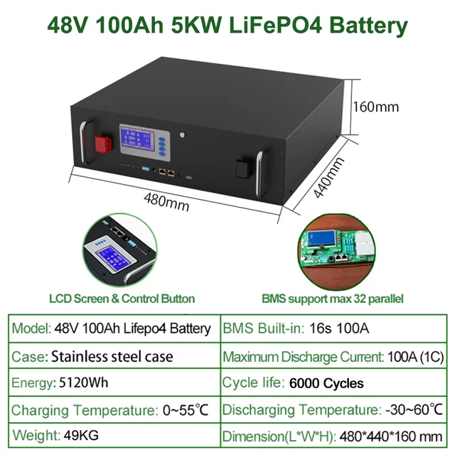 5KW 10KW Solar Energy Storage Lithium Ion Phosphate Battery Pack 12V 48V 100Ah LiFePO4 Pack Battery