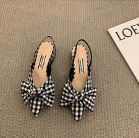 Nouvelles Sandales Plates à Bout Fermé et Nœud Papillon à Talon Épais de Luxe, Chaussures Escarpins Femme à Petit Talon Motif Pois Noir Printemps-Été