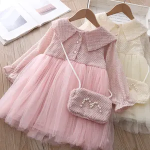 Vestido de princesa de dama de honor para niña, ropa de encaje para Fiesta infantil, manga larga y bolsas, vestidos de boda, Primavera