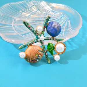 Broche de estrella de mar esmaltado con concha de Caracol de perla de cristal, joyería de ropa inicial a la moda al por mayor, venta al por mayor de 2017 - Product Image 5
