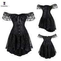 14 Glue Boned Plus Size Lace Halloween Cosplay Black Overbust Korsett Women Victorian Corset Top Gothic Skirt Set Shapewear