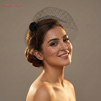 YouLaPan VA02 Voile de mariée élégant à motif floral, masque facial ajouré en résille pour femme, voile cage à oiseaux noir et blanc, accessoires de mariage