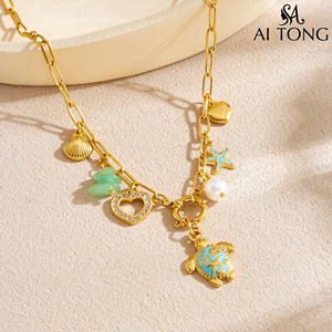 Collar con Colgante de Tortuga, Estrella de Mar y Vieira, Diseño Colorido en Acero Inoxidable, Estilo Resort Oceánico, Bañado en Oro, con Efecto de Goteo de Aceite, <span class=keywords><strong>para</strong></span> <span class=keywords><strong>Viajes</strong></span> - Product Image 2