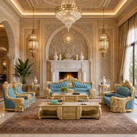 Ensemble de canapés Majlis arabes de luxe, canapé en cuir en bois massif doré sculpté à la main avec table basse en marbre pour villa et palais