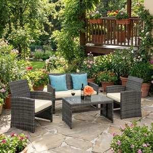 Space-Saving 4 Piece Outdoor PE <b>Rattan</b> <b>Sofa</b> Set Compact Wicker Patio Furniture with Coffee Table for Small Balcony and Garden - Product Image 1