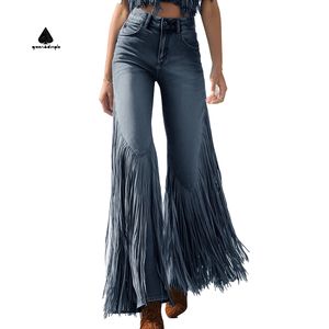 Calças <span class=keywords><strong>Jeans</strong></span> Femininas Casuais com Franjas Personalizadas, Estilo Streetwear, Cintura Alta, Y2K, Ajuste Slim, Calças Flare - Product Image 1