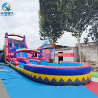 Toboggan aquatique gonflable commercial en PVC de 4,5 m (15 pieds) rouge et bleu, thème tropical, avec piscine et cocotier, pour usage intérieur/extérieur, taille personnalisable, idéal pour résidences et écoles