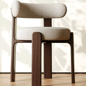 Sedia in Legno Imbottita Stile Nordico, Poltrona da Pranzo Geometrica Scultorea in Legno Massello per Progetti Alberghieri e Ristoranti - Product Image 1