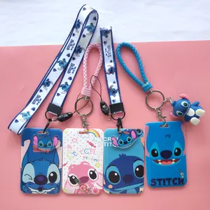 Tempat kartu kartun Stitch Pu, lencana identitas dengan tali leher tempat kartu Bus Id dengan gantungan kunci