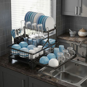 Égouttoir à vaisselle double niveau en métal avec conception détachable pour rangement sous évier de cuisine, support moderne sur pied pour assiettes et bols - Product Image 3