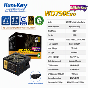 Alimentation HuntKey WD750Evo 750W 80PLUS Gold ATX 3.1 PCIe 5.1 Connecteur 12V-2x6 natif pour <span class=keywords><strong>PC</strong></span> de bureau de jeu - Product Image 1