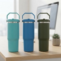 Gobelet isotherme anti-fuite de 30 oz avec poignée et couvercle à visser, paille rabattable, bouteille d'eau sous vide, tasse personnalisée avec logo gravé au laser